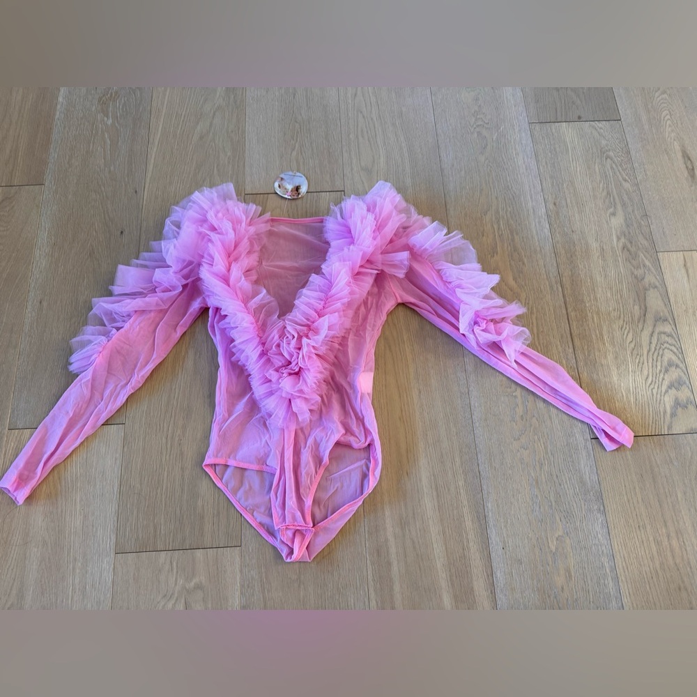 Pink Ruffled Sheer Bodysuit